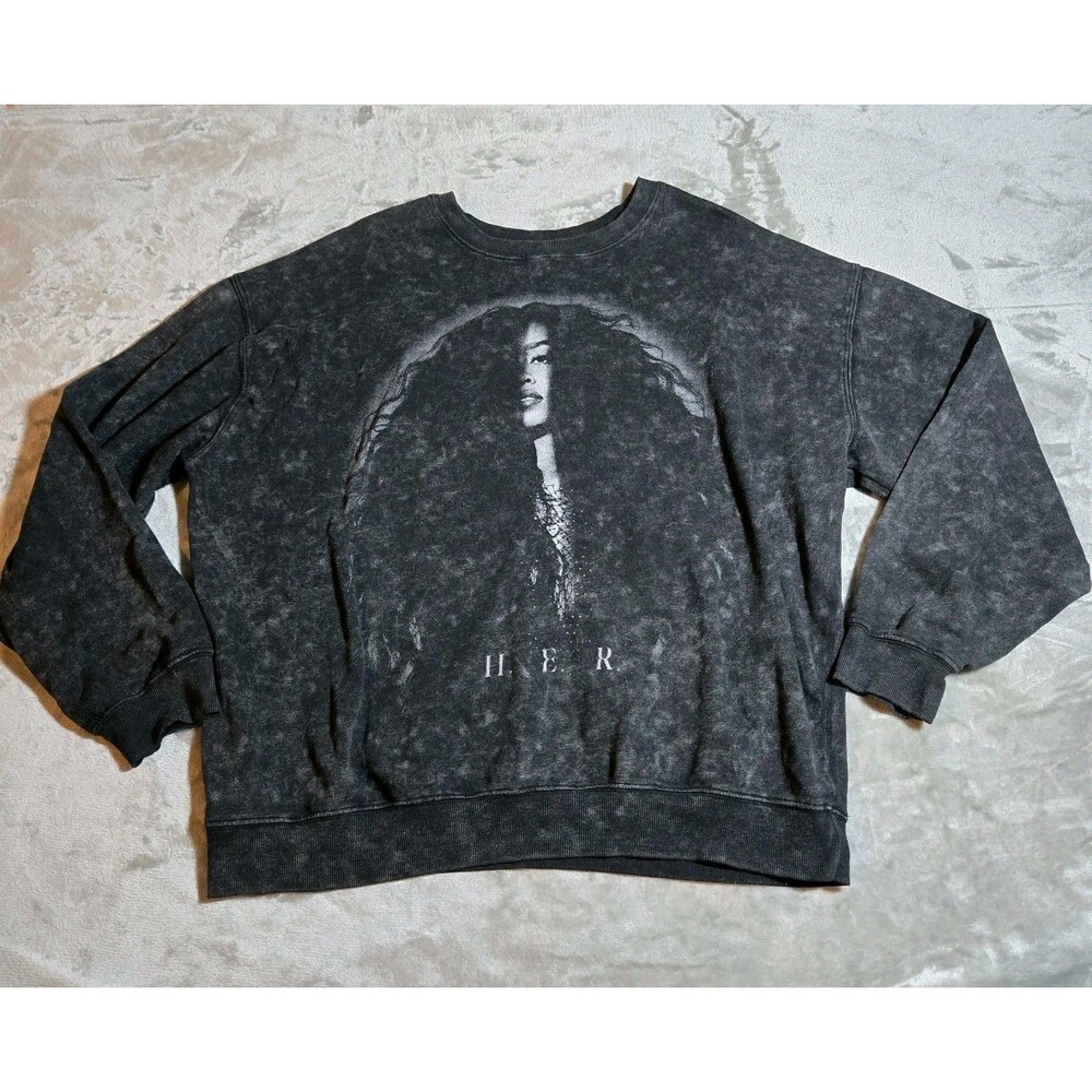 H.E.R. Gray Singer Artist Crew Neck Oversize Sweatshirt HER Marbled White XL